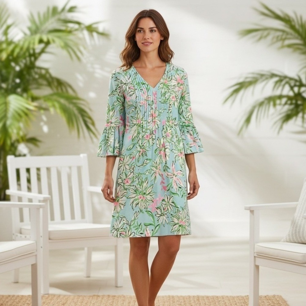 Lilly Pulitzer Womens 2 Aqua Pink Tropical Floral V Neck Shift Dress Resortwear